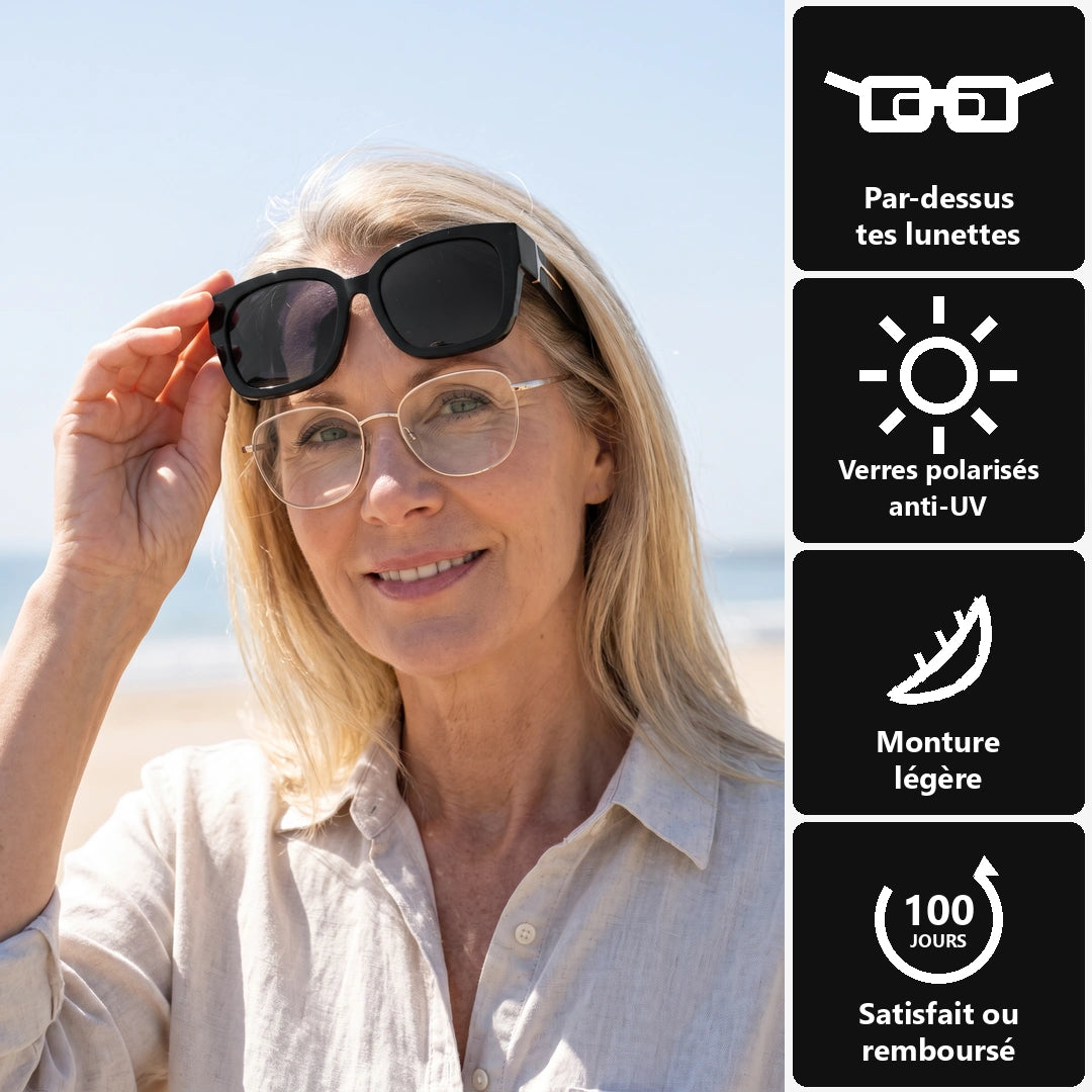 Sur-lunettes relevées sur le front, lunettes de vue en place