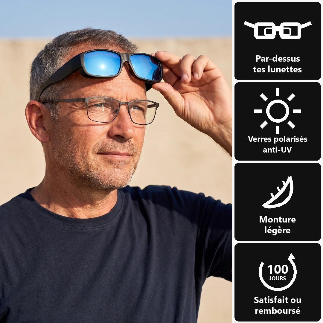 Sur-lunettes relevées sur le front, lunettes de vue en place