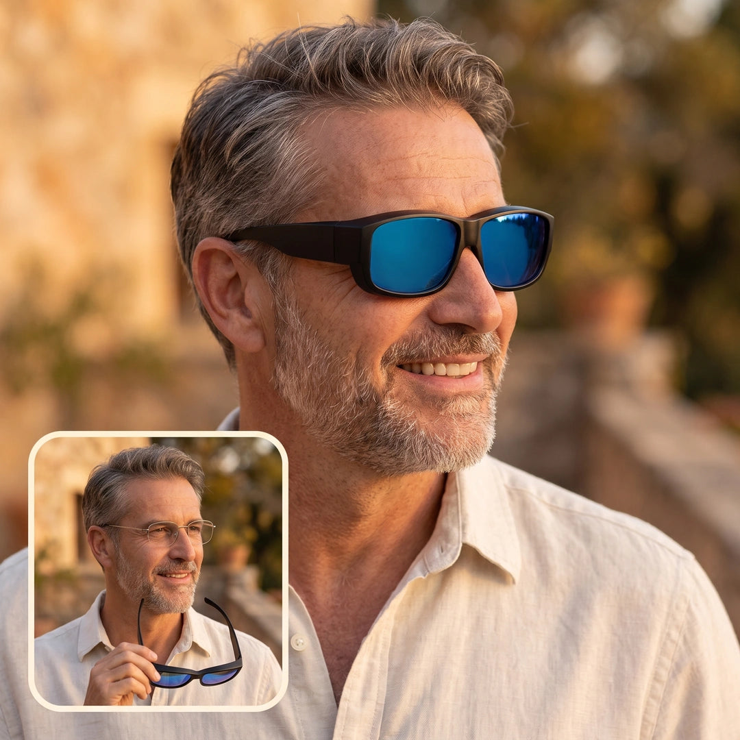 Homme portant les sur-lunettes polarisées par-dessus ses lunettes de vue