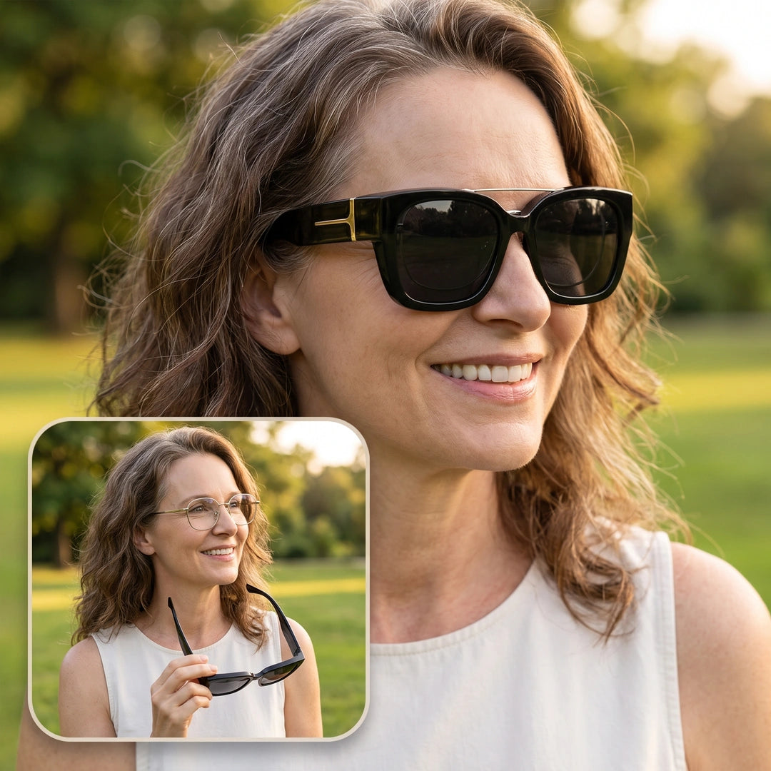 Femme portant les sur-lunettes polarisées par-dessus ses lunettes de vue