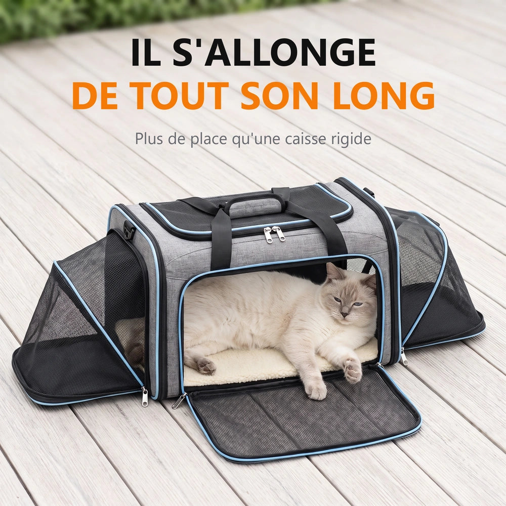 Sac entièrement déployé, chat allongé de tout son long