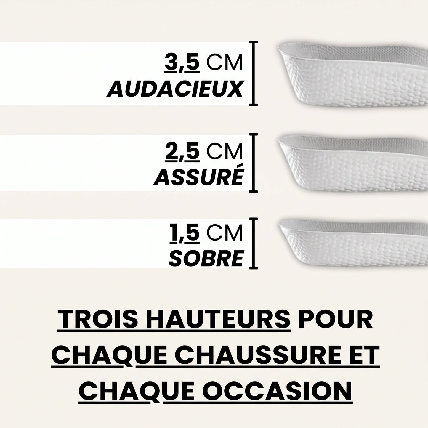 Les trois hauteurs Élévo : 1,5 cm, 2,5 cm et 3,5 cm
