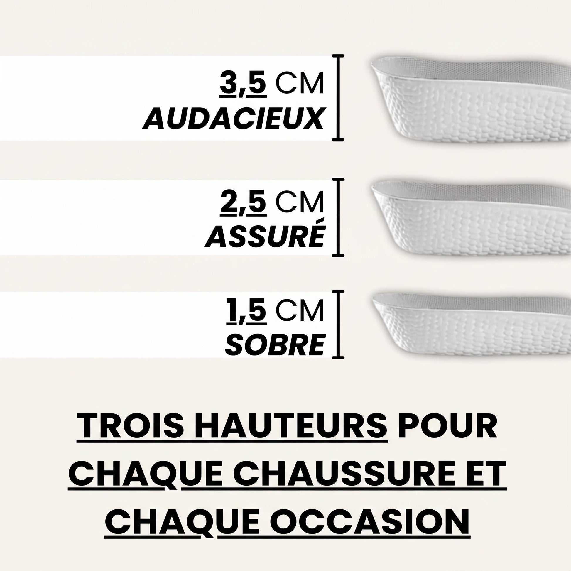 Les trois hauteurs Élévo : 1,5 cm, 2,5 cm et 3,5 cm