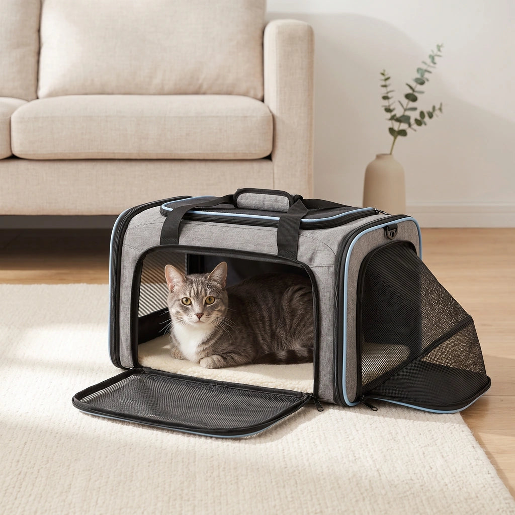 Chat installé dans le sac ouvert, dans un salon