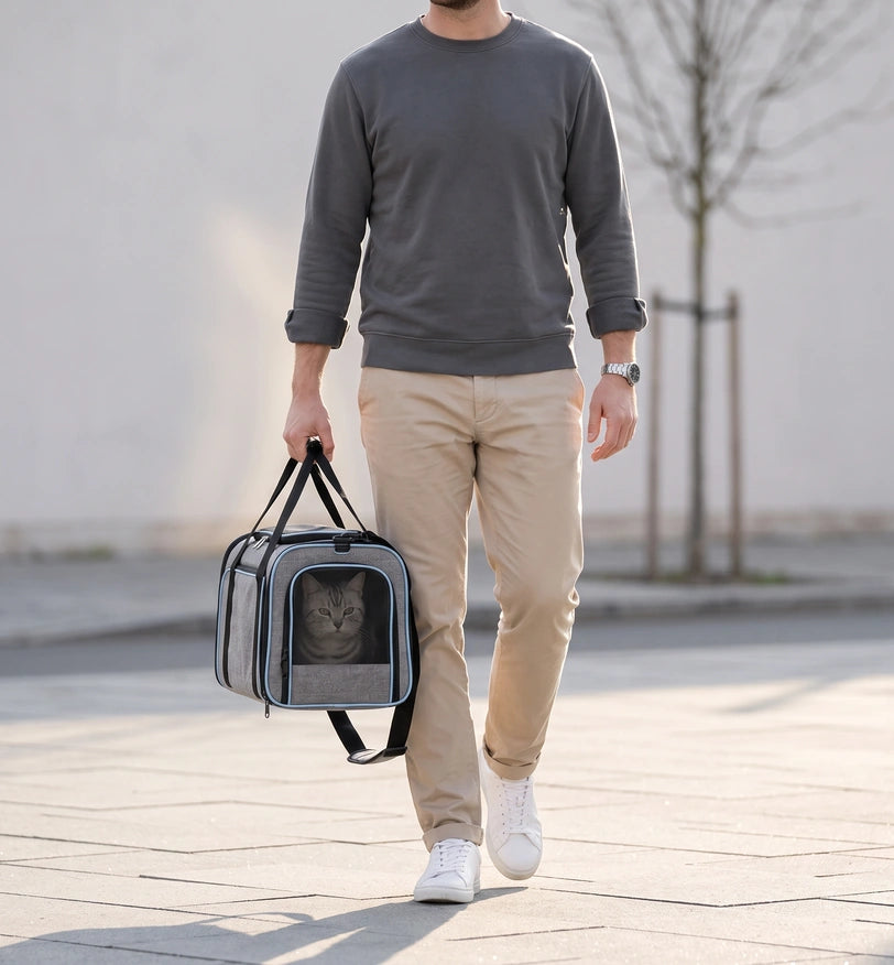 Sac replié, porté à la main par les poignées