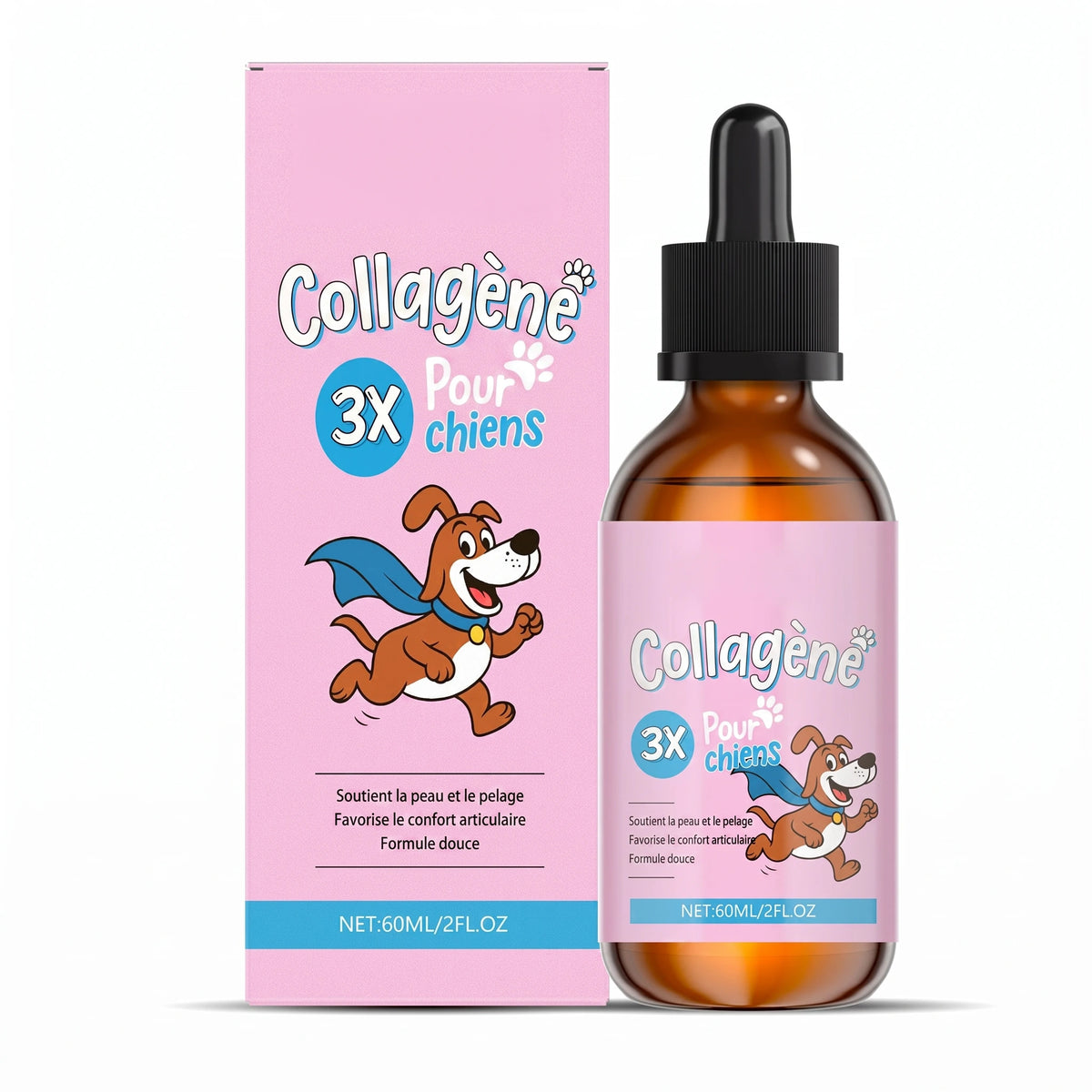 Zevlo Collagène Liquide Premium pour chiens, flacon compte-gouttes 60 ml et son étui