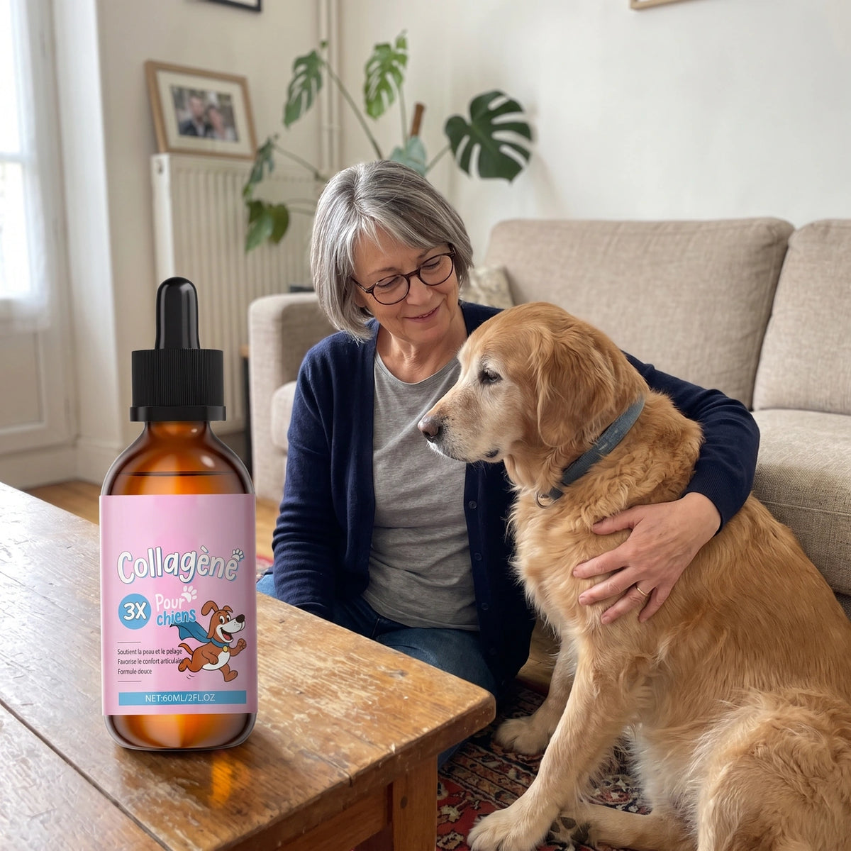 Le flacon Zevlo sur la table basse, une maîtresse et son golden retriever